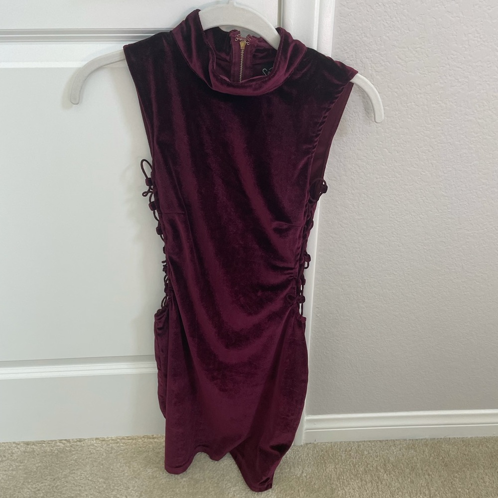 Windsor high neck, open strappy sides mini dress